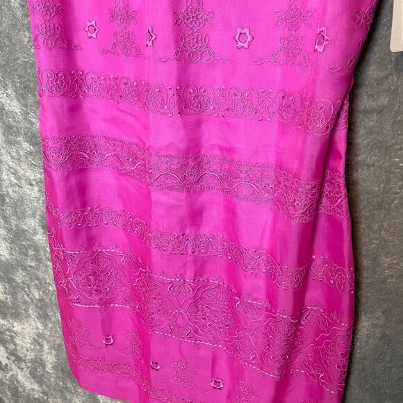 Vtg David Warren Women Embroidered Retro 60s Fuchsia Pink Silk Sheath Dress 6 - Picture 4 of 12
